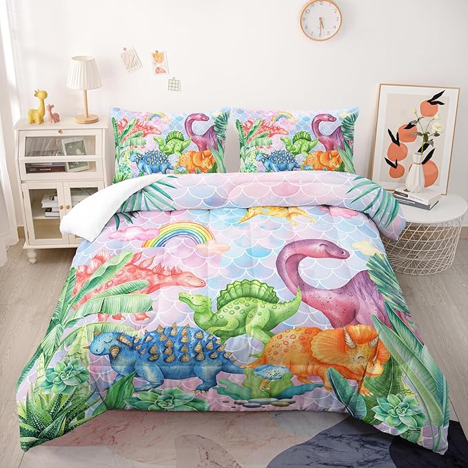 Dinosaur Comforter Set for Kids Teens and Adults Full Size，Dinosaur Printed Quilt Set for Bedroom Soft Microfiber All Season Print Quilt Set with 1 Comforter and 2 Pillow Case