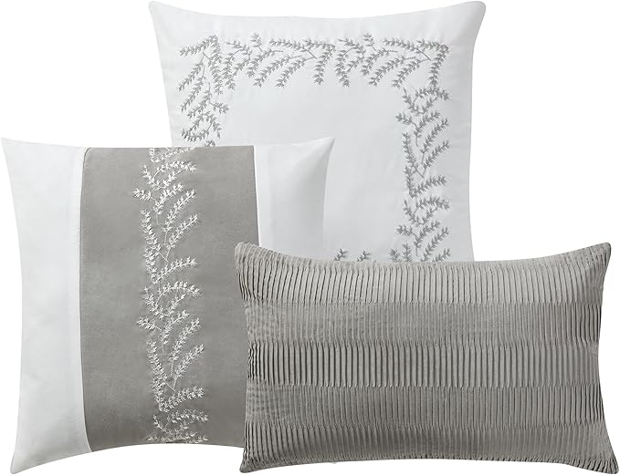 King Size Comforter Set 7-Piece Embroidered Faux Suede Bedding – Soft, Elegant & Complete Bedding Set with 1 Comforter, 2 Pillow Shams, 1 Bed Skirt, and 3 Decorative Throw Pillows, King, White