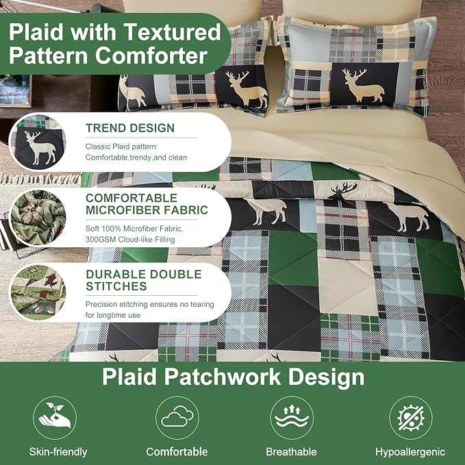 Comforter Set Queen Size Plaid Patchwork Comforter Bedding-7 Piece Bed in a Bag,Rustic Soft Reversible Microfiber Bedding Set(1 Comforter,1 Flat Sheet,1 Fitted Sheet,2 Pillowcases,2 Pillow Shams)Green