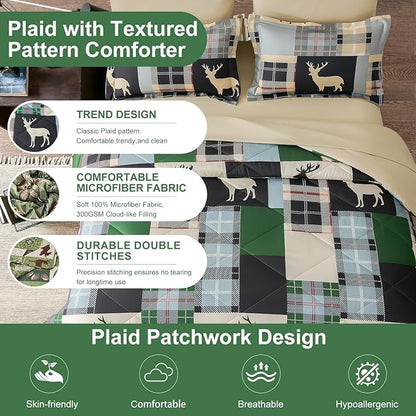 Comforter Set Queen Size Plaid Patchwork Comforter Bedding-7 Piece Bed in a Bag,Rustic Soft Reversible Microfiber Bedding Set(1 Comforter,1 Flat Sheet,1 Fitted Sheet,2 Pillowcases,2 Pillow Shams)Green