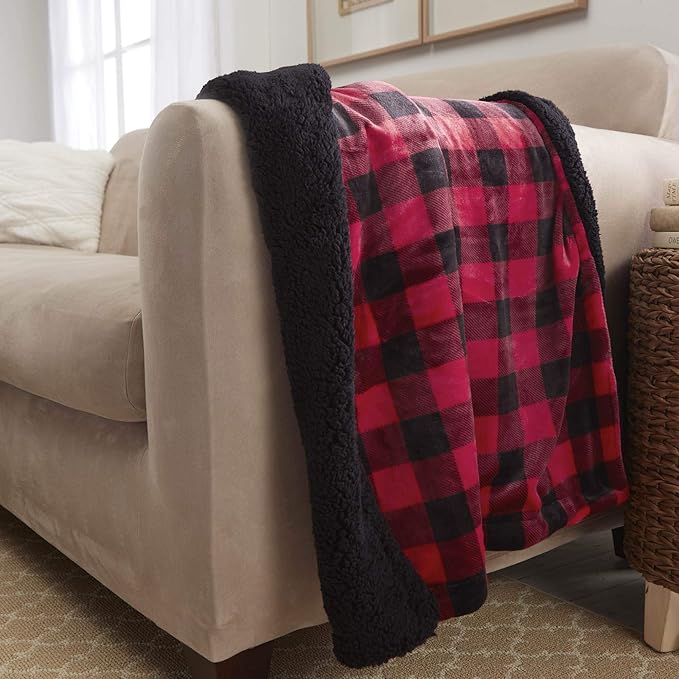 Genteele Sherpa Throw Blanket Super Soft Reversible Ultra Luxurious Plush Blanket, 50 x 60 inches, Buffalo Check Red/Black
