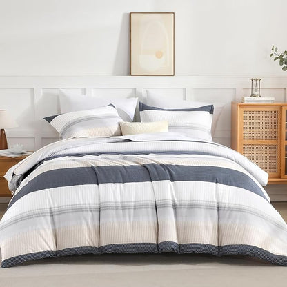 Andency Full Size Comforter Set Yellow Blue - 7 Pieces Blue Striped Lightweight Bed in a Bag, Soft Microfiber Reversible Bedding Set with Comforter, Fitted & Flat Sheet, Pillowcases & Shams