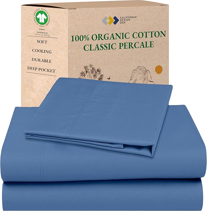 California Design Den Twin Sheet Set - Soft 100% Organic Cotton Percale Sheets, Crisp and Cool, Deep Pockets with Anti-Skid Elastic, Breathable and Durable Bedding Set - Riviera Blue