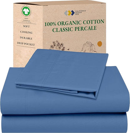 California Design Den Extra Long Twin Sheets Set - Soft 100% Organic Cotton, Cool Percale, Deep Pocket Organic Sheets with Anti-Skid Elastic, Durable Bedding Set for Dorm Room - Riviera Blue
