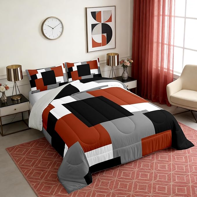 Castle Fairy Red Grey Black Kids Comforter Set,Modern Abstract Art Down Alternative Adults Bedroom Decor,Geometric Grid Square Splicing Ultra Soft Microfiber Inner Fill 3 Pcs Bedding King Size