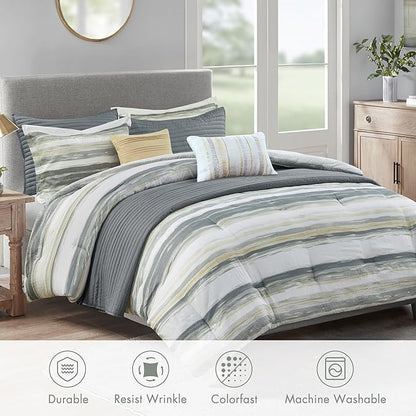 Madison Park Marina Comforter Quilt Combo Set - Modern Luxury Design, All Season Down Alternative Bedding, Matching Shams, Decorative Pillows, Full/Queen(90"x90"), Yellow 8 Piece
