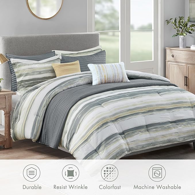 Madison Park Marina Comforter Quilt Combo Set - Modern Luxury Design, All Season Down Alternative Bedding, Matching Shams, Decorative Pillows, King/Cal King(104"x92"), Yellow 8 Piece