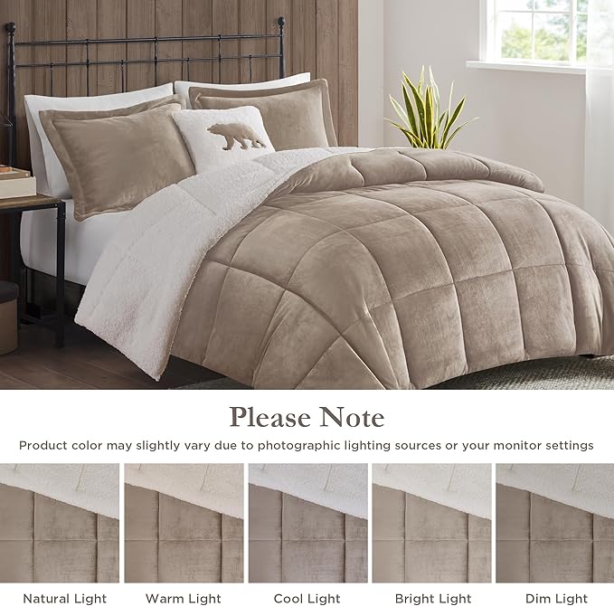 Woolrich Reversible Comforter Set Ultra Soft Plush to Sherpa, Down Alternative, Cold Weather Winter Warm Bedding, with Matching Sham, Decorative Pillow Taupe/Ivory King 3 Piece