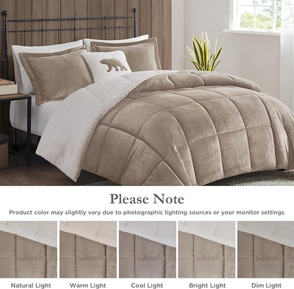 Woolrich Reversible Comforter Set Ultra Soft Plush to Sherpa, Down Alternative, Cold Weather Winter Warm Bedding, with Matching Sham, Decorative Pillow Taupe/Ivory King 3 Piece