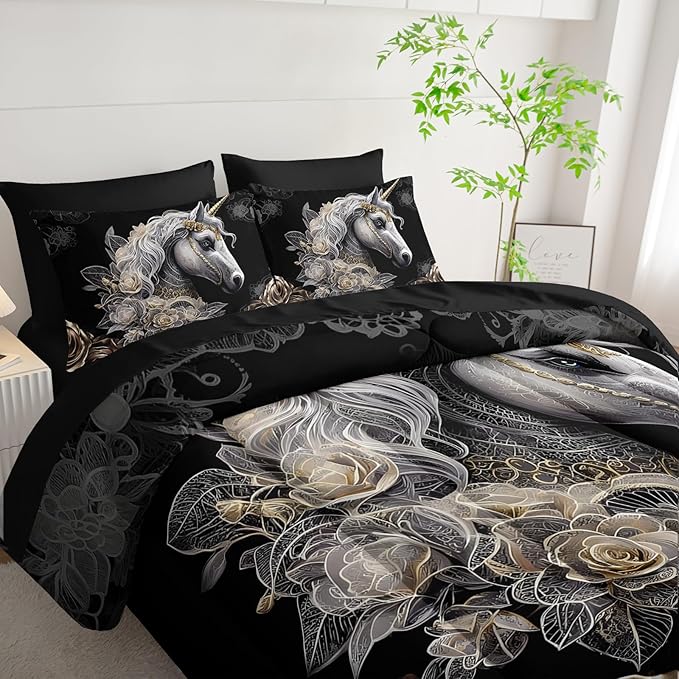 7 Piece King Size Horse Comforter Set with Sheets，King Horse Bedding Sets for Girls (1 Comforter, 1 Flat Sheet, 1 Fitted Sheet, 2 Pillowcase and 2 Pillow Sham)