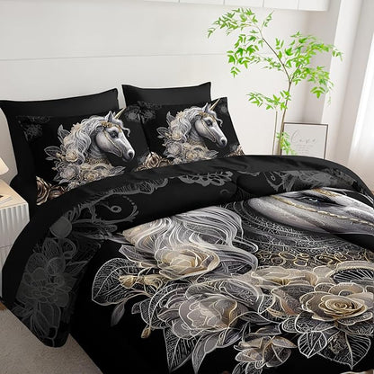7 Piece King Size Horse Comforter Set with Sheets，King Horse Bedding Sets for Girls (1 Comforter, 1 Flat Sheet, 1 Fitted Sheet, 2 Pillowcase and 2 Pillow Sham)