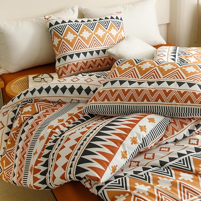 Cottonight Boho Aztec Orange Black Comforter Set Queen Western Bedding Comforter Set Vintage Rustic Women Men Blanket Quilts Ethnic Folkloric Bohemian Farmhouse Comforter Set Queen