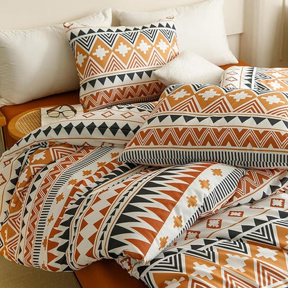 Cottonight Boho Aztec Orange Black Comforter Set Queen Western Bedding Comforter Set Vintage Rustic Women Men Blanket Quilts Ethnic Folkloric Bohemian Farmhouse Comforter Set Queen