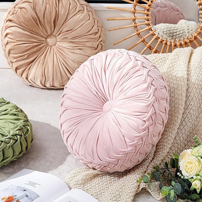 1 Pcs Round Throw Pillows Decorative Velvet Pleated Throw Pillows 15'' Diameter Accent Pumpkin Boho Chair Cushion for Couch Sofa Chair Bed Home Decoration (Pink)