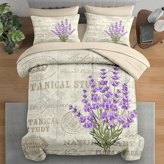 Comforter Set Twin Size, Vintage Lavender Flower 5 Pcs Bedding for Kids and Adults, Retro Botanical Plant Bed Sheet Sets with Fitted Sheet Pillowcase & Sham for Bedroom Bed Decor