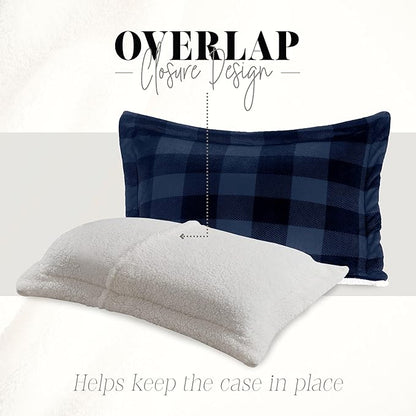 Elegant Comfort 3-Piece Buffalo Lodge-Plaid Comforter Set, Luxurious, Heavyweight, All Season, Down Alternative-Micromink Sherpa-Backing Reversible Micro-Suede, Soft and Plush, King, Blue