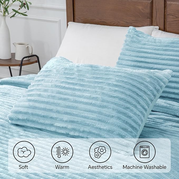 BEDELITE Fleece California King Comforter Set -Super Soft & Warm Fluffy Light Blue Bedding, Luxury Fuzzy Heavy Bed Set for Winter with 2 Pillow Cases
