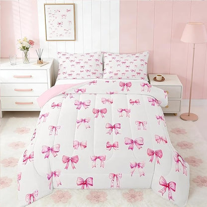 Feelyou Pink Girls Bow Bedding Set Boys Girls King Size Bow Comforter Set for Kids Women Men Ultra Soft Cute Bowknot Comforter Kawaii Duvet Set Room Decor Lovely Quilt Set