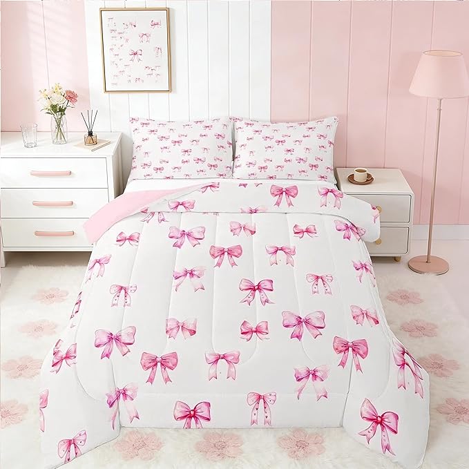 Feelyou Pink Girls Bow Bedding Set Boys Girls Toddler Size Bow Comforter Set for Kids Women Men Ultra Soft Cute Bowknot Comforter Kawaii Duvet Set Room Decor Lovely Quilt Set