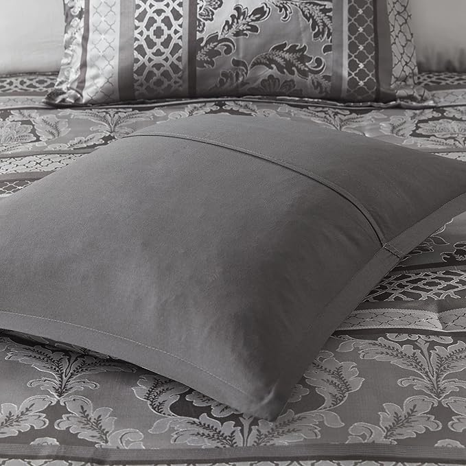 Madison Park Bellagio Cozy Comforter Set - Luxurious Jaquard Traditional Damask Design, All Season Down Alternative Bedding with Matching Shams, Decorative Pillow, Cal King(104"x92"), Grey 7 Piece