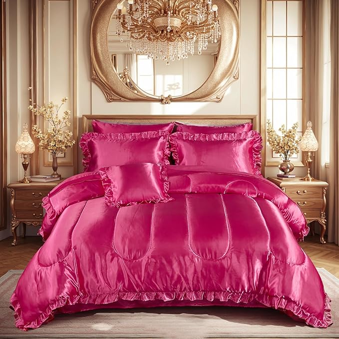 Bedding_Dreamer King Size Satin Bed in a Bag Hot Pink Bedding Set Silk Like Silky Comforter Set Sexy Silky Sheet Set Luxury Hotel Room Decor Womens Girly Bed Sets Ruffled Gothic Down Comforter 8 Pcs