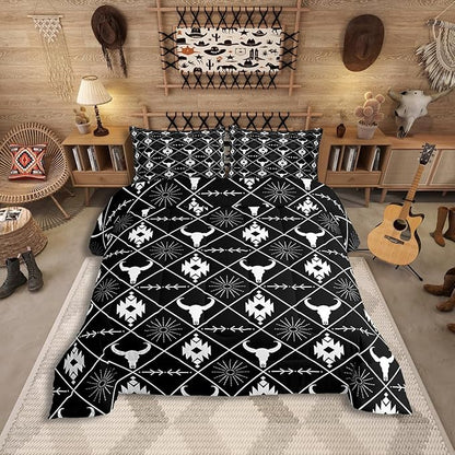 Erosebridal Bull Skull Bedding Set for Boys, Ethnic Western Horns Comforter Set Twin Size Tribal Aztec Boho Southwestern Quilt Farmhouse Animal Vintage Duvet Insert, 1 Pillow Case, Black White