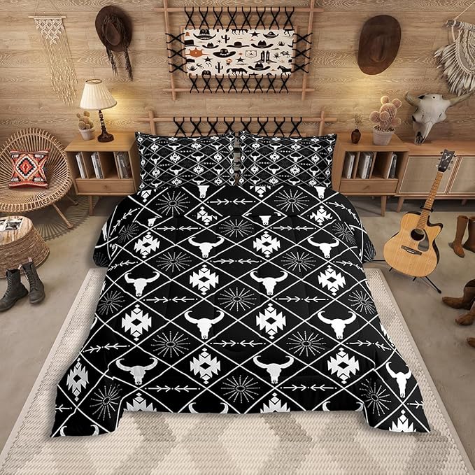 Erosebridal Bull Skull Bedding Set for Boys, Ethnic Western Horns Comforter Set Queen Size Tribal Aztec Boho Southwestern Quilt Farmhouse Animal Vintage Duvet Insert, 2 Pillow Cases, Black White