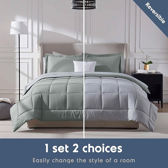 Nestl 7 Piece Queen Comforter Set – Sage Green Reversible Bed in a Bag – Complete Queen Size Bedding Set with Sheets, Pillowcases and Shams