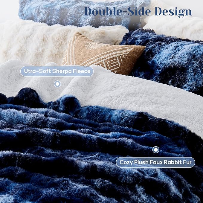 DAICO 3 Pieces Fluffy Faux Rabbit Fur Comforter Set King Size Tie Dyed Navy Plush Fuzzy Bubble Comforter Bedding Set Warm Cozy Bedding Comforter Sets for Winter, 1 Comforter and 2 Pillowcases