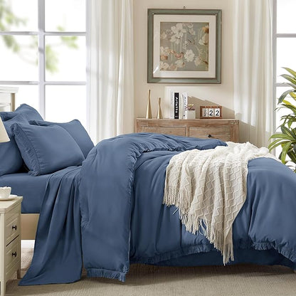 Andency Full Size Comforter Set Bluish Grey -7 Pieces Boho Tassel Bed in a Bag Soft Lightweight Bedding Sets, Fringe All Season Bed Set with Comforter, Sheets, Pillowcases & Shams