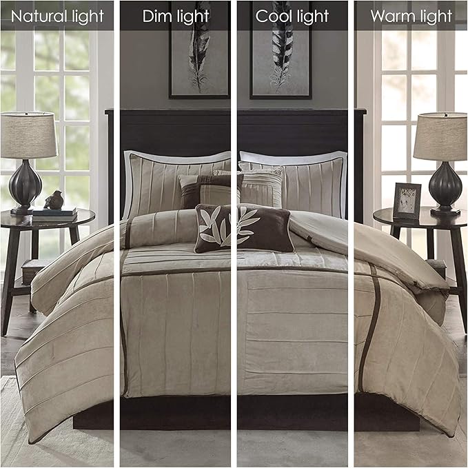 Madison Park Cozy Comforter Set Casual Blocks Design All Season, Matching Bed Skirt, Decorative Pillows, Queen(90"x90"), Dune Suede, Beige Brown, 7 Piece