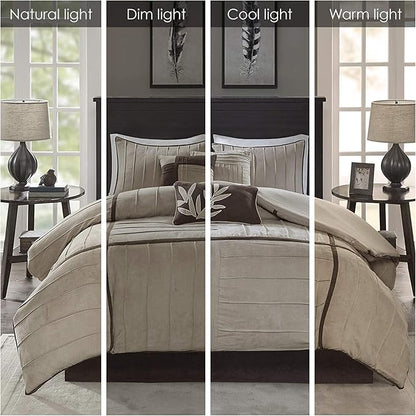 Madison Park Cozy Comforter Set Casual Blocks Design All Season, Matching Bed Skirt, Decorative Pillows, Full(82"x90"), Dune Suede, Beige Brown, 7 Piece