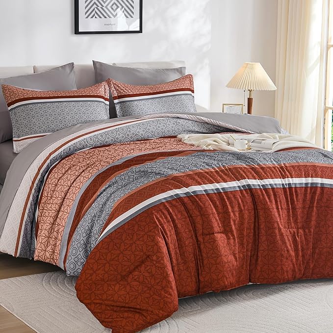WONGS BEDDING 7 Pieces Comforter Set Queen Size, Burnt Orange Striped Bed in a Bag Comforter and Sheet Set, Boho Soft Lightweight Micorfiber Bedding Set for All Season (90"×90")