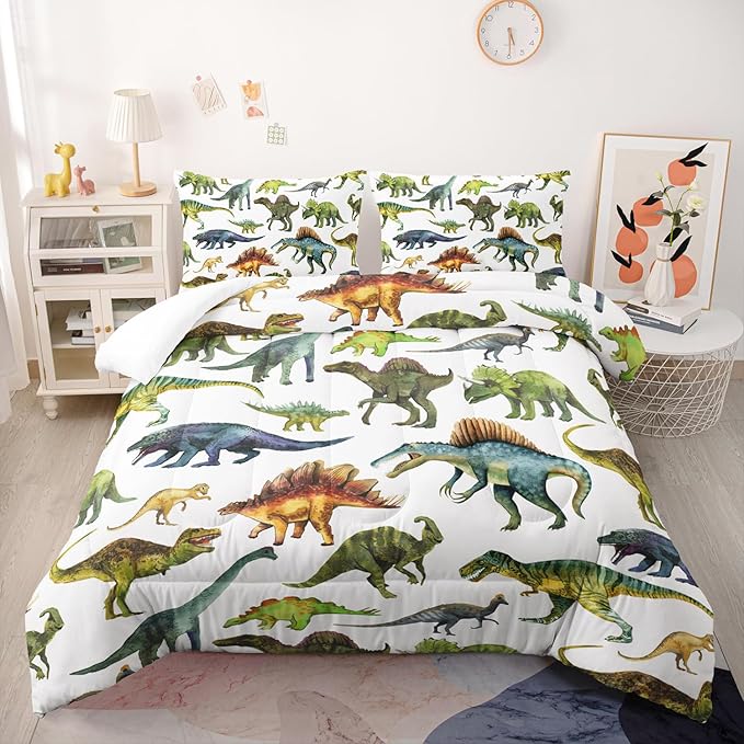 Dinosaur Comforter Sets Queen，Dinosaur Printed Quilt Set for Bedroom Soft Microfiber All Season Print Quilt Set with 1 Comforter and 2 Pillow Case