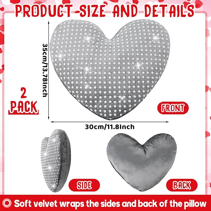 2 Pcs Rhinestones Heart Pillows with Sparkles Faux Crystal Pearls on Velvet Throw Pillow Silver Glitter Heart Cushion for Wedding Decoration Bed Sofa Mom Birthday Gifts, 13.8 x 11.8 Inch