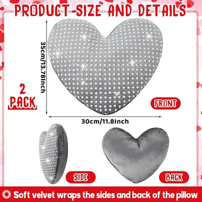 2 Pcs Rhinestones Heart Pillows with Sparkles Faux Crystal Pearls on Velvet Throw Pillow Silver Glitter Heart Cushion for Wedding Decoration Bed Sofa Mom Birthday Gifts, 13.8 x 11.8 Inch
