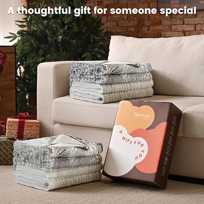 Bearhug Electric Heated Throw Blanket 50" x 60", Reversible Faux Fur & Sherpa, 6 Heating Levels & 4H Auto Off, Over-Heat Protect, ETL Certification, Machine Washable