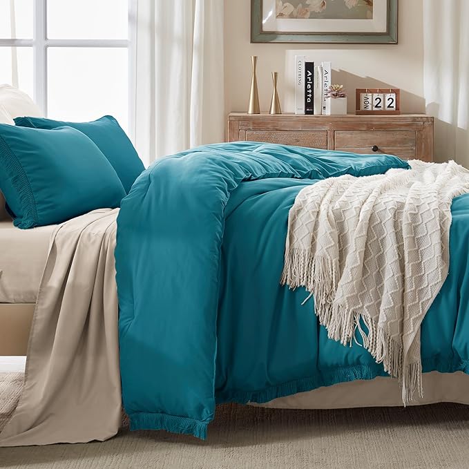 Andency Turquoise Comforter Set King, 3 Pieces Boho Teal Tassel Lightweight Bedding Comforter Sets for King Bed, All Season Bed Set (104x90In Comforter & 2 Pillowcases)