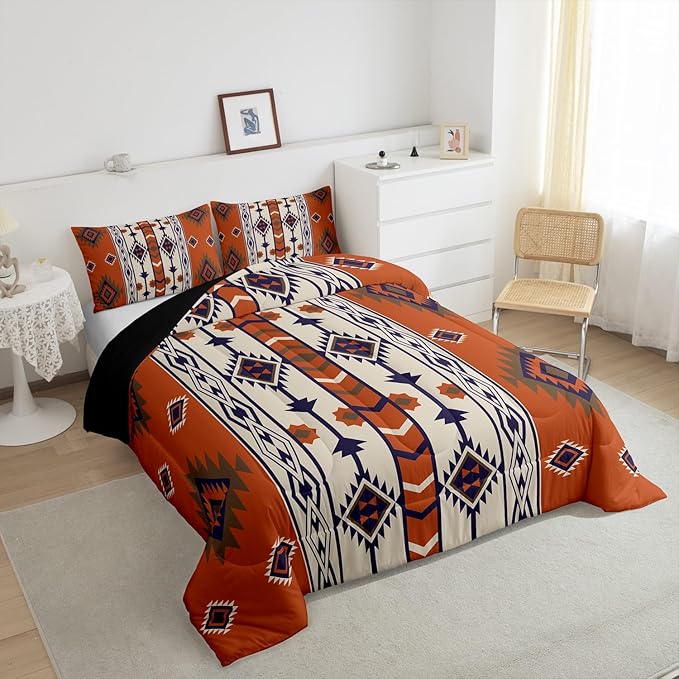 Erosebridal Boho Aztec Bedding Comforter Sets Toddler,Western Bohemian Comforter Set American Native Southwestern Bedding Set for Kids Adults,Southwest Ethnic Tribal Geometric Quilt 1 Pillow Case