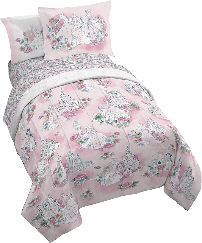 Jay Franco Kids Comforter Set Includes Sheets and Pillow Covers - Soft and Cozy Bed Set for Stylish Room Decor, Pink - Disney Princess, 5 Piece Twin Bedding