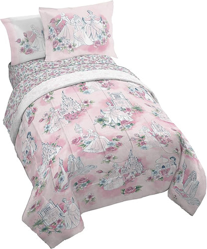 Jay Franco Kids Comforter Set Includes Sheets and Pillow Covers - Soft and Cozy Bed Set for Stylish Room Decor, Pink - Disney Princess, 5 Piece Twin Bedding