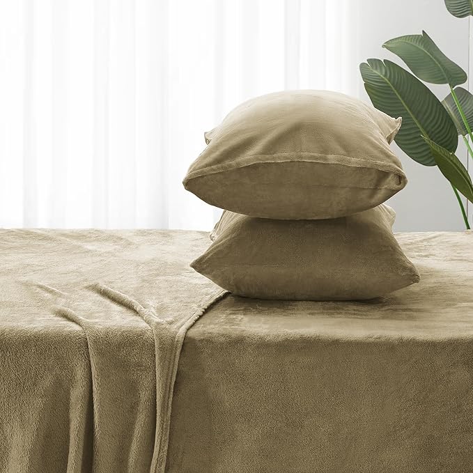 BEDELITE Flannel Sheets King Size Camel - Super Soft Fleece Sheets Set Fluffy Extra Plush, 4 Piece(Include Fitted Sheet, Flat Sheet, 2 Pillowcases)