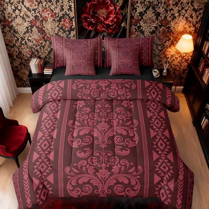 Comforter Set Queen Size, Rusty Red Damask Aztec 7 Pcs Bedding for Kids and Adults, Antique Decor Western Baroque Gothic Bed Sheet Sets with Fitted Sheet 2 Pillowcases & 2 Shams for Bedroom Bed Decor