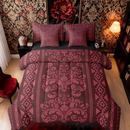 Comforter Set Queen Size, Rusty Red Damask Aztec 7 Pcs Bedding for Kids and Adults, Antique Decor Western Baroque Gothic Bed Sheet Sets with Fitted Sheet 2 Pillowcases & 2 Shams for Bedroom Bed Decor