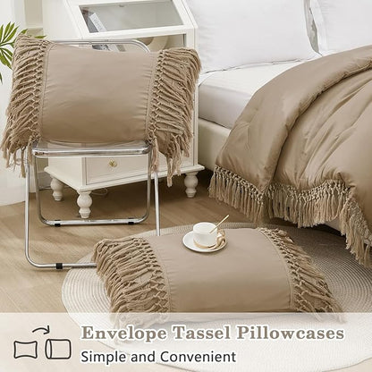 Andency Taupe Comforter Set King, 3 Pieces Boho Tassel Lightweight Soft Bedding Comforter Sets for King Bed, All Season Fluffy Fringe Bed Set (104x90In Comforter & 2 Pillowcases)