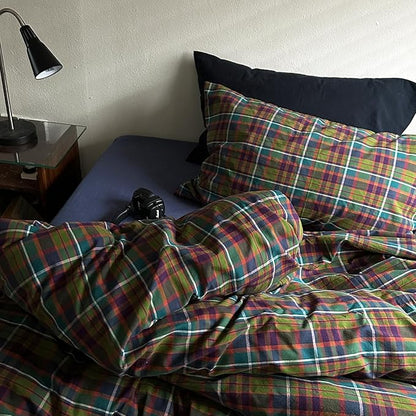 mixinni Vintage Multicolor Gingham Comforter Set Twin XL Size - 100% Washed Cotton 3-Piece Retro Plaid Pattern Bedding Set (1 Comforter + 2 Pillowcases), All-Season Lightweight & Breathable