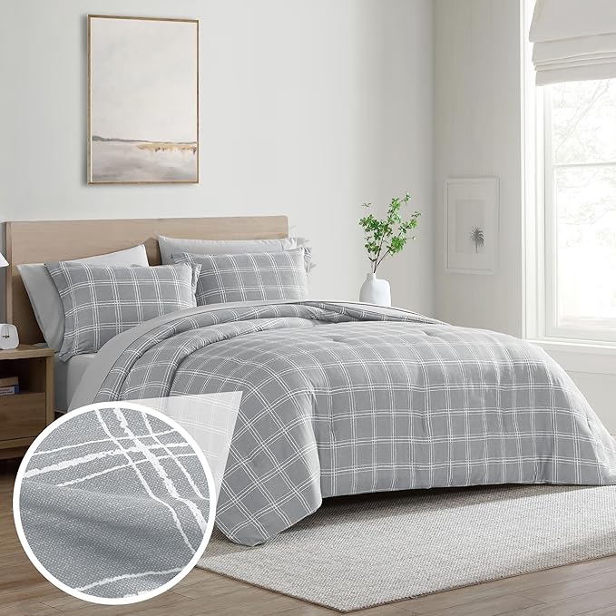 Cathay Home Basic Bedding Home Essential Ultra Soft Lightweight 7PC Wrinkle Resistant Microfiber Bed in a Bag Set (Includes Complete Sheet Set & Comforter Set) - Grey Plaid, Queen