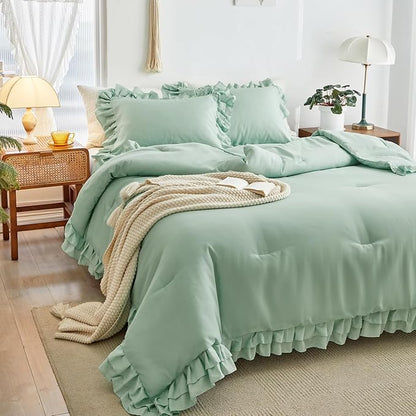 Green Ruffled Comforter Set Twin Size, 3 Pieces (1 Ruffled Comforter and 2 Pillowcases) Farmhouse Shabby Chic Style with 2 Layers Ruffle, Solid Color Lightweight Soft Fluffy Bedding Sets for Kids
