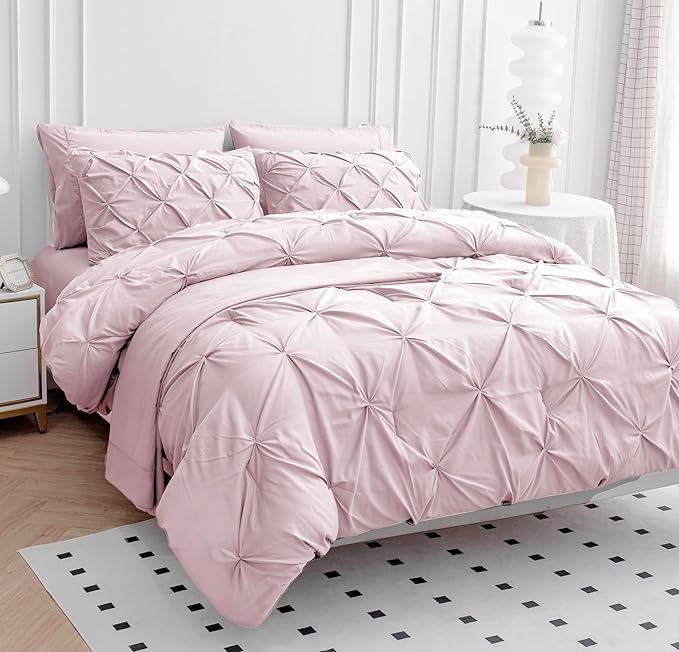LANE LINEN California King Comforter Set - Bed in a Bag Cal King Bedding Set 7 Piece - Gentle Soft Pintuck Bed Set Gift for Family - Pinch Pleat Comforter with Sheets, Pillowcases & Shams - Sepia Rose | Gentle soft feel, Family friendly, Oversized cove...