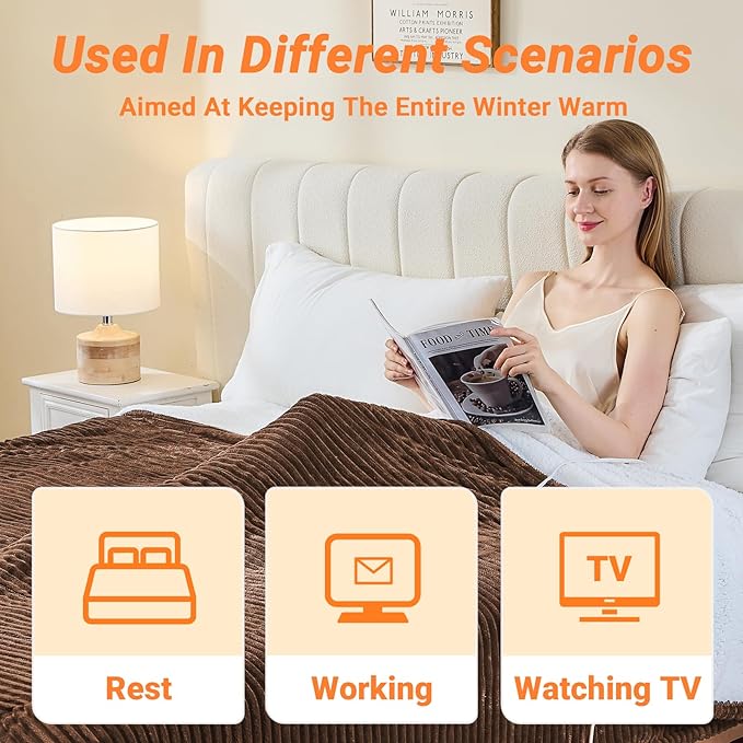 Heated Blanket Electric Queen, Soft Flannel Heating Blanket with 8 Hours Auto Off 10 Fast Heating Levels Machine Washable Sherpa Heated Blanket with Overheating Protection
